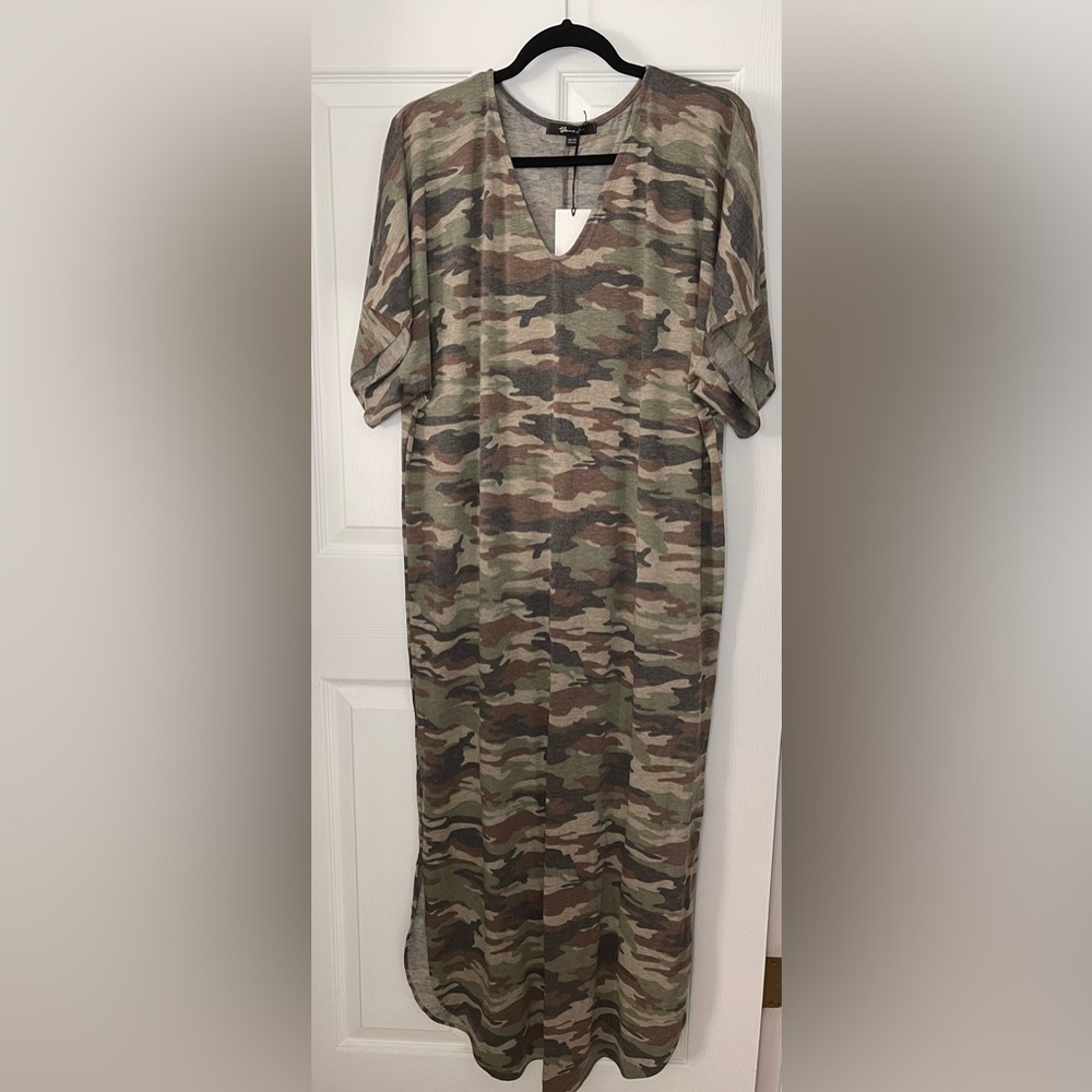💃 YANA K Miami Kaftan Rayon Camouflage Green Short Sleeve Maxi Dress Size OS NWT